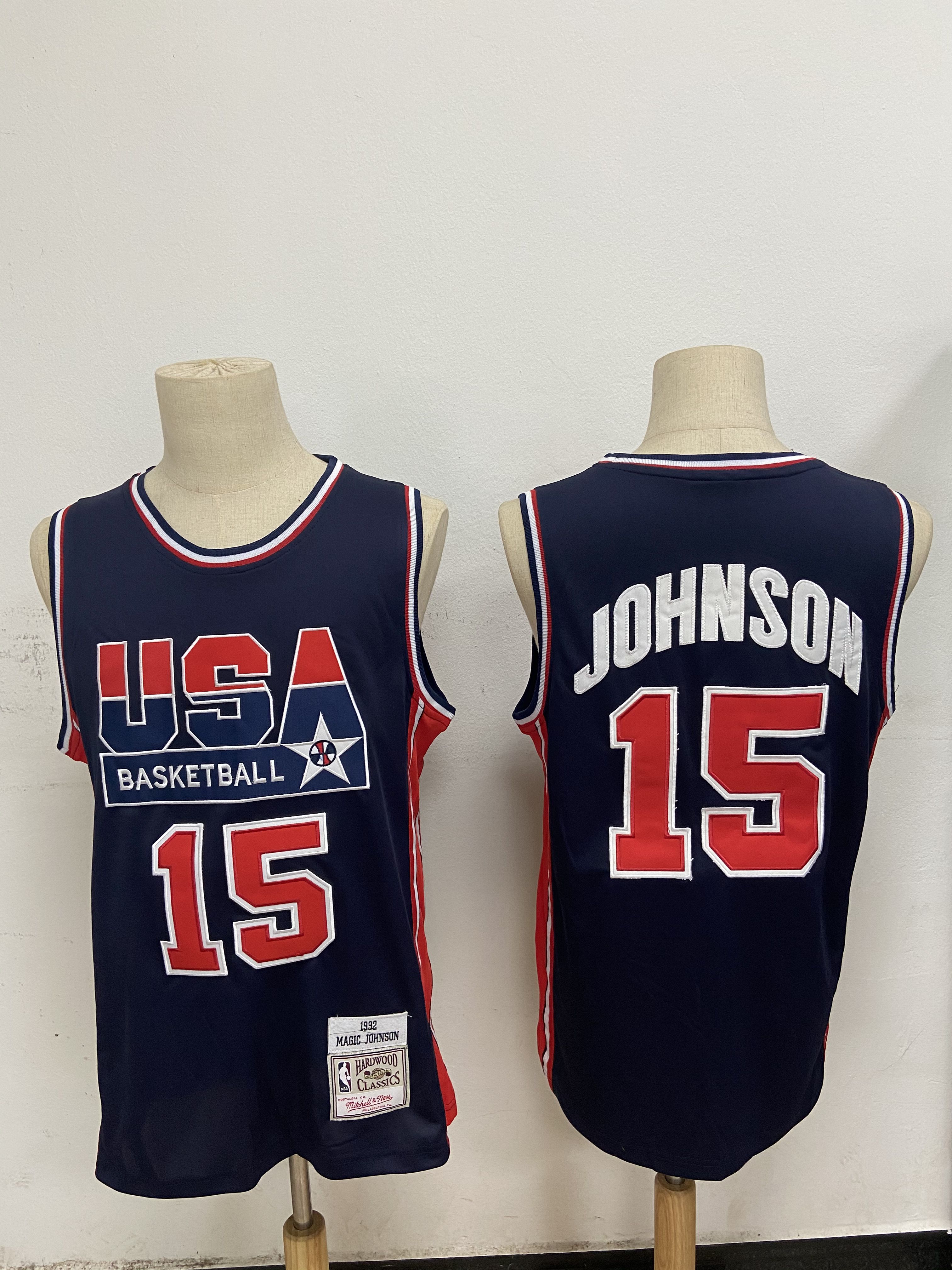 Men USA Basketball #15 Johnson Blue Stitched Throwback NBA Jersey->more jerseys->NBA Jersey